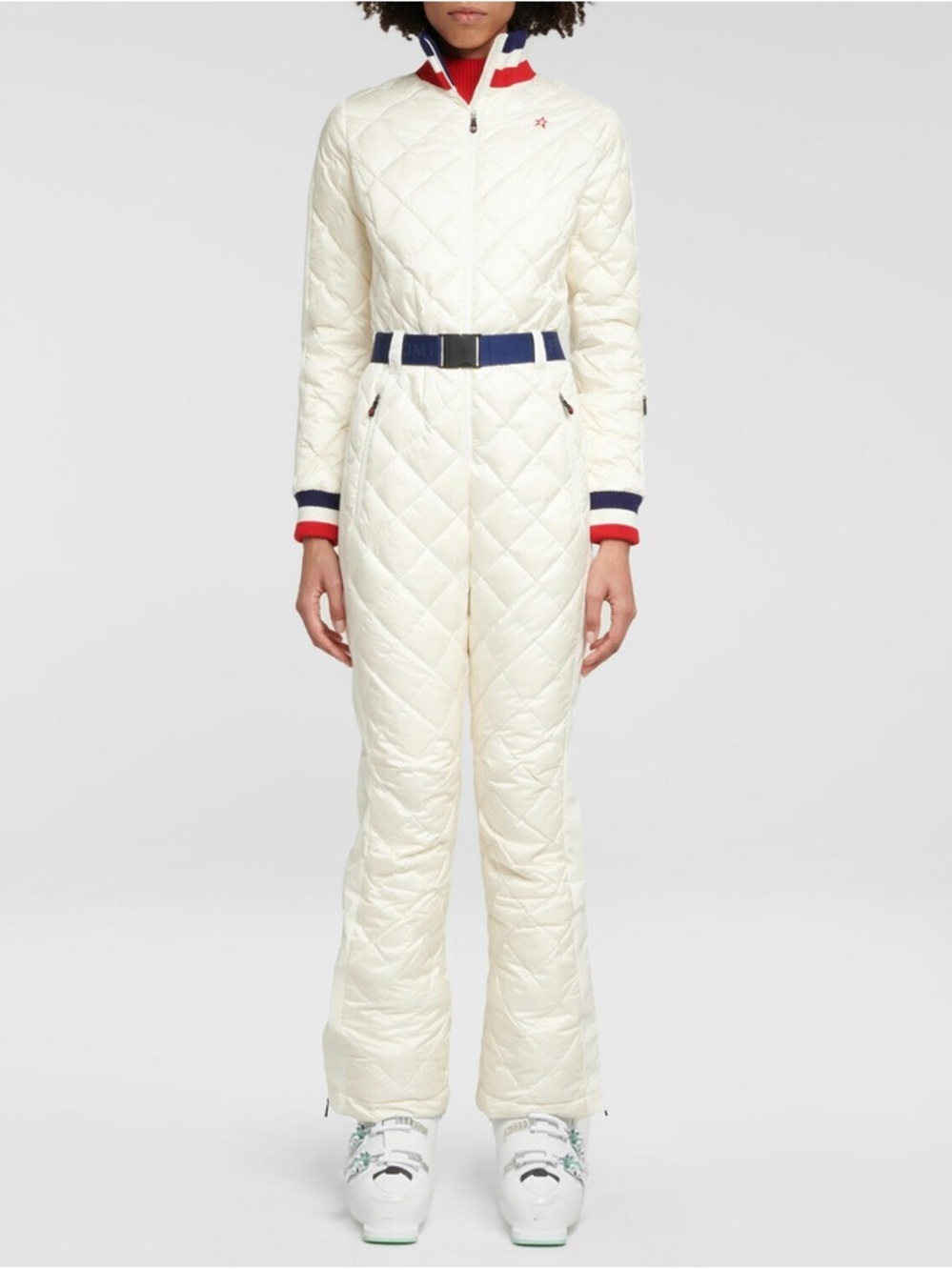 Perfect Moment Ivory Quilted Ski Jumpsuit with Navy and Red Trim